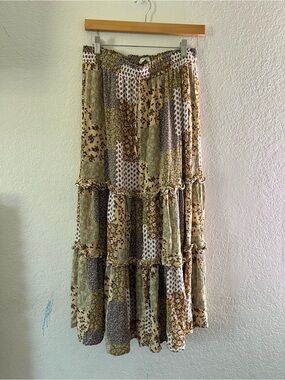 Easel Bohemian Tiered Maxi Skirt in Olive and Cream Patchwork